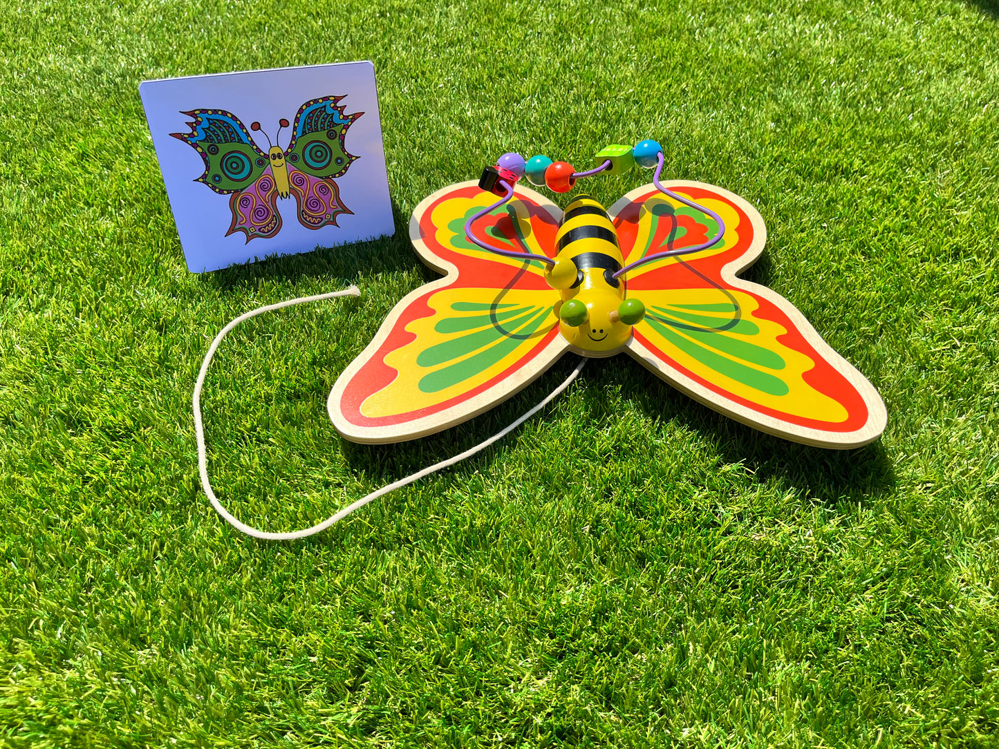 Colourful pull-along bead chaser butterfly